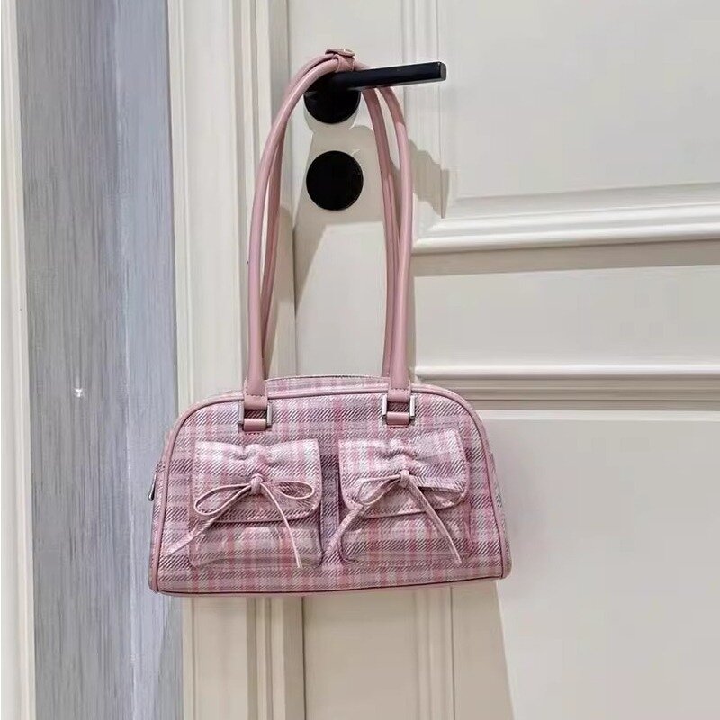 Xiuya tas bahu wanita, merah muda elegan kotak-kotak pita Vintage kulit lucu tas tangan kasual pita manis tas ketiak baru yang indah