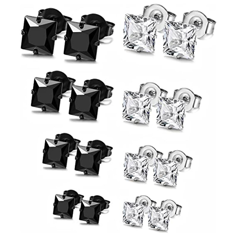 8 pares de aço inoxidável dos homens e das mulheres Stud Brincos Set perfurados Cubic Zirconia Brincos 3mm-6mm Opcional