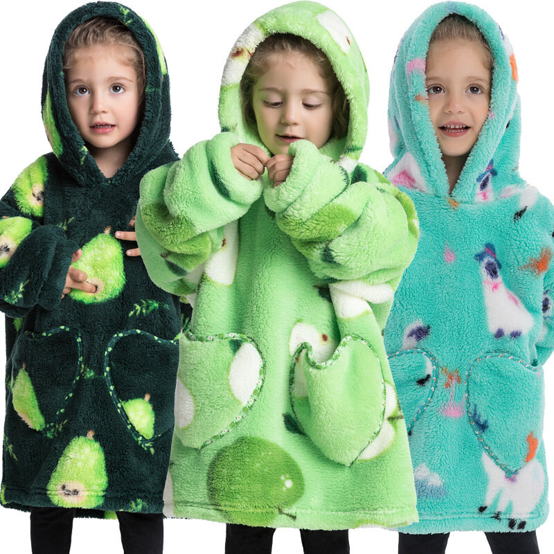2023 New Children's Thickened Plush Winter Warm Animal Pattern Cute Pullover Lazy Sweater Blanket Hoodie