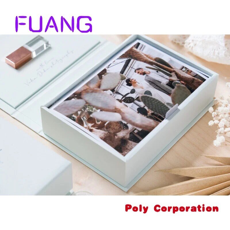 Papel especial de lino personalizado, caja de fotos de 4x6, 5x7, 6x8 pulgadas para álbum de fotos de boda, unidades Flash USB, caja de embalaje para pequeña empresa