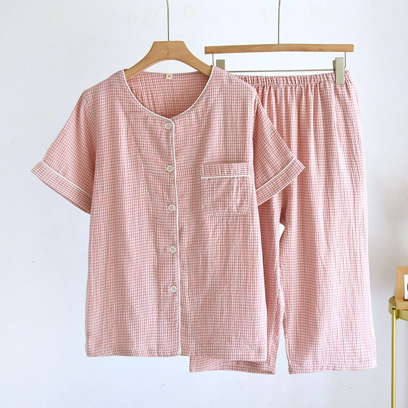 Pijama a cuadros Capris de manga corta para hombre y mujer, ropa de casa de algodón, cuello redondo, conjunto de verano, 2 piezas