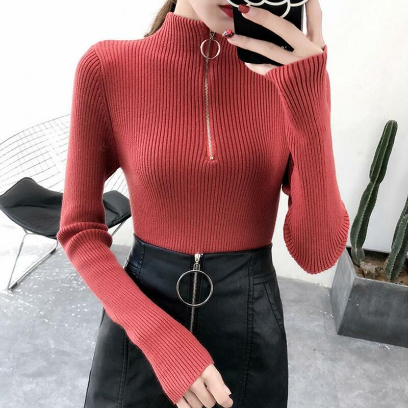 Autumn Winter Women Sweater Half Turtleneck Long Sleeve Zipper Neckline Knitted Pullover Sweater Female Slim Knitted Clothes