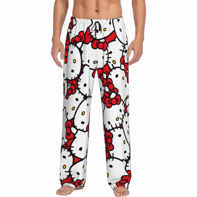 Calças pijama anime Hello Kitty para homens, personalizado, arco rosa, pijamas anime, lounge, fundo do sono, elástico com bolsos