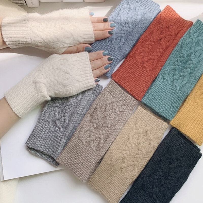 Luvas de malha de lã meio dedo feminino, luva, luvas, braço, quente, macio, unisex, inverno