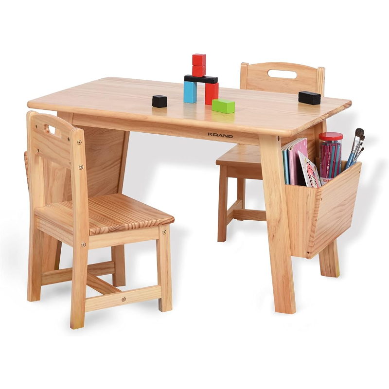 KRAND Kids tavolo in legno massello e Set di 2 sedie con scrivania portaoggetti e Set di sedie per bambini tavolo attività per bambini