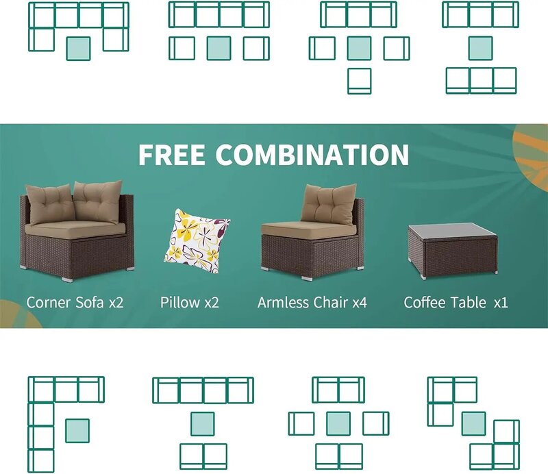 Набор мебели для патио из 7 предметов, всепогодный полиэтиленовый ротанговый комплект для разговора, семейный Плетеный наружный диван с столом