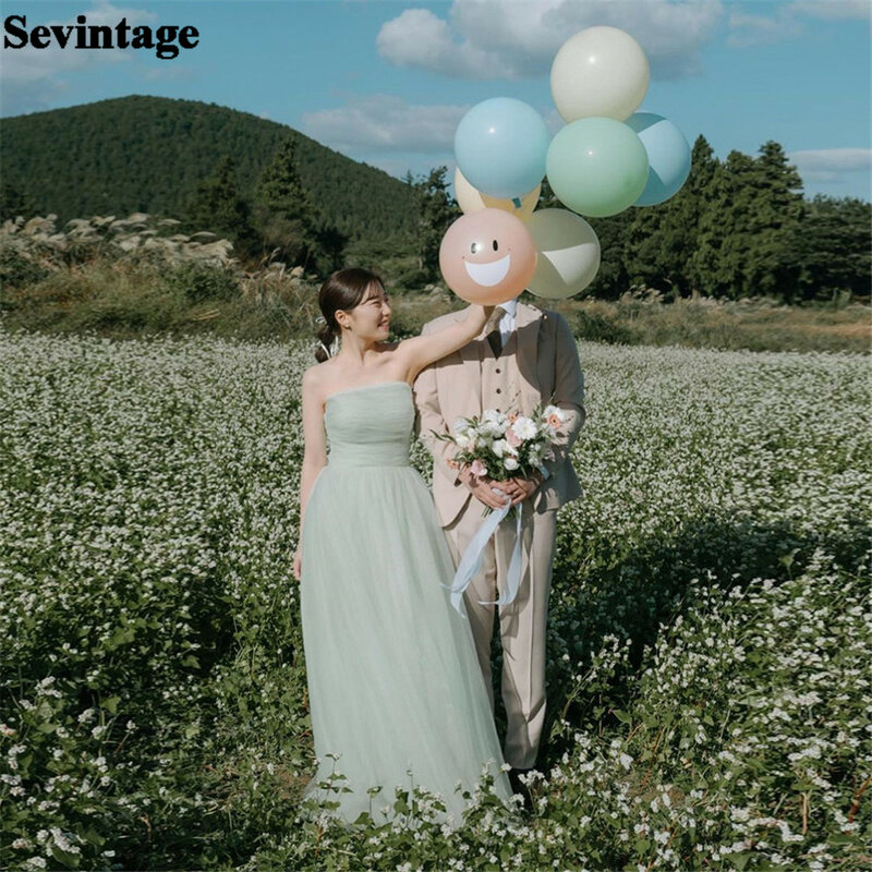 Sevintage gaun pesta kain Tule Wanita Korea warna hijau Mint lembut gaun pernikahan A-Line tanpa tali panjang lantai gaun pesta vestido novias boda 2024