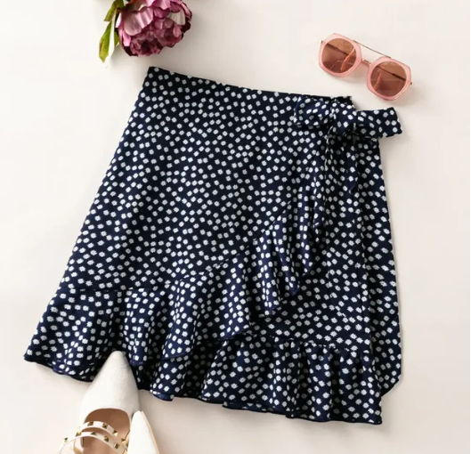 Short Skirt for Women Randomly Printed Lace Up Lacing Ruffled Edges Dots Printing Temperament Commuting Elegant Half Mini Skirt