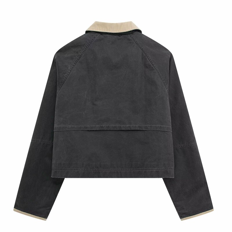 Abrigo encerado americano con cuello en contraste para mujer, abrigo Vintage de manga larga con bolsillos, prendas de vestir exteriores elegantes, 2024