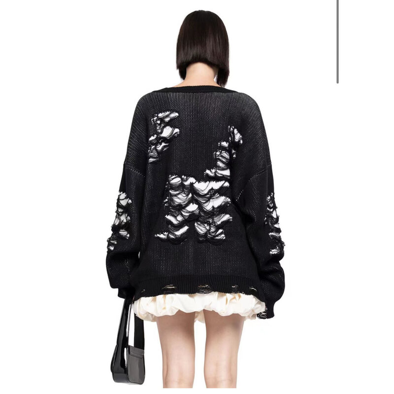 Suéter suelto informal para mujer, Blusa de manga larga con agujeros a juego, Color perezoso, tendencia callejera, Otoño e Invierno