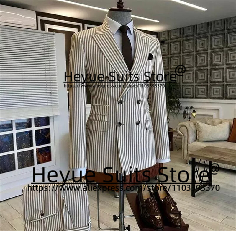 Double-breasted Stripe Elegant Men Suits Slim Fit Peak Lapel Groom Wedding Tuxedos 2 Pcs Sets Business Male Blazer Costume Homme