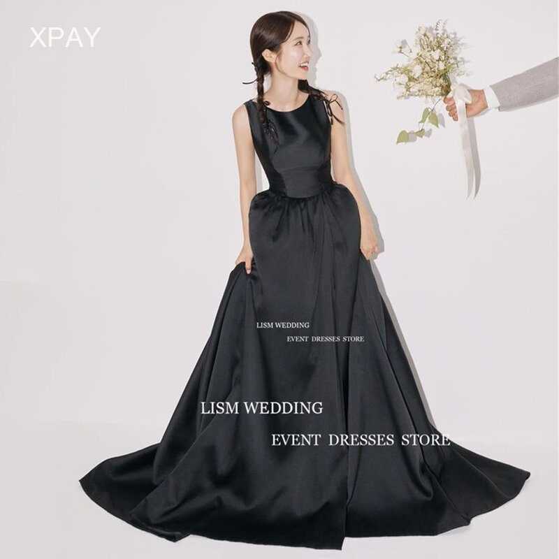 LISM O Neck Korea Black Evening Dresses Satin Wedding Photo Shoot Sleeveless Prom Occasion Gown Custom Backless Party Dress