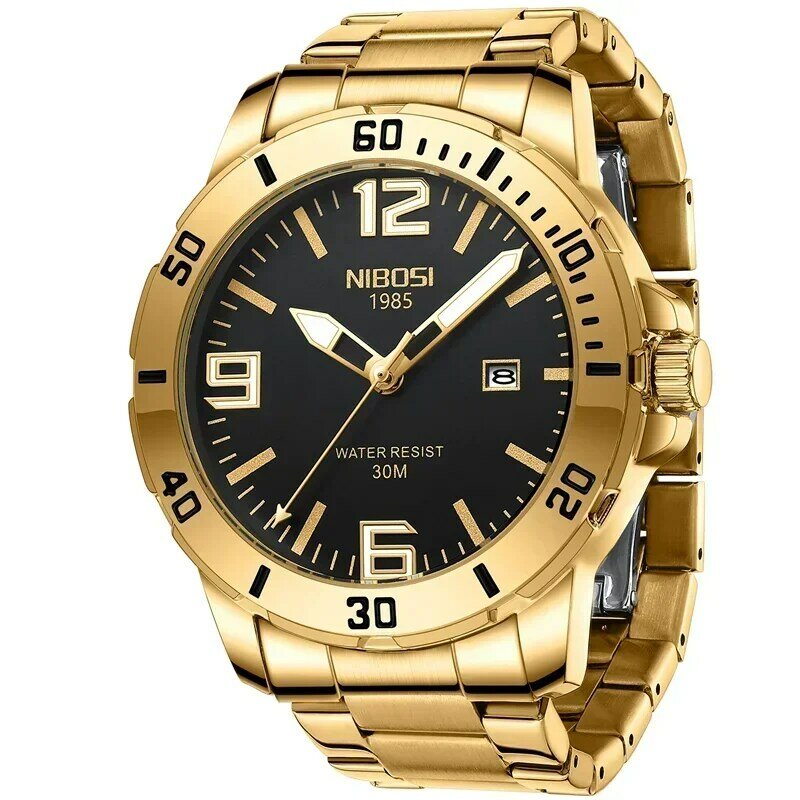 Nibosi-relógio de pulso de aço inoxidável masculino, quartzo, impermeável, luminoso, luxo, negócios, marca superior