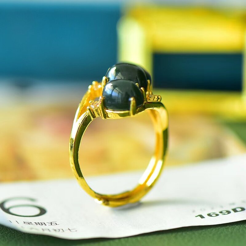 Cincin giok Hetian💍Cincin batu hijau alami pria wanita, perhiasan cincin batu permata Retro mewah dapat disesuaikan