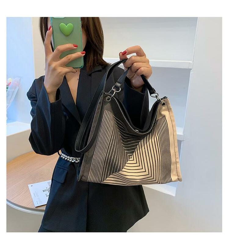 Корейская полосатая Холщовая Сумка, женская сумка через плечо, новинка 2023, модная универсальная вместительная Портативная Сумка-тоут, сращивающаяся прошитая сумка в стиле ретро