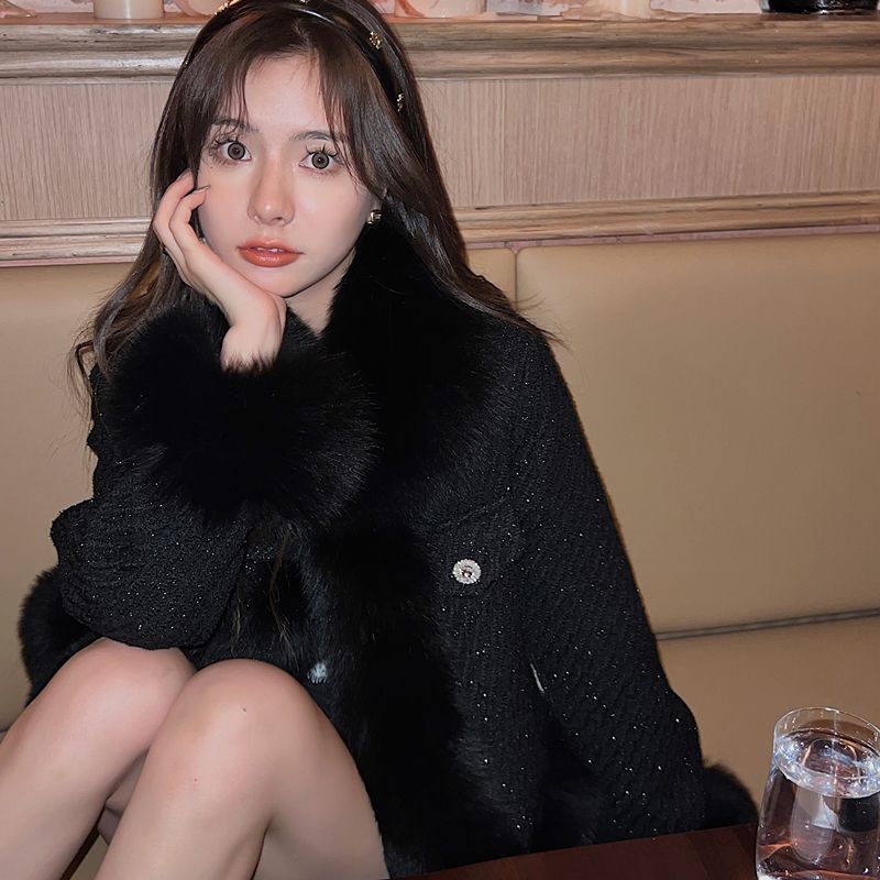 Korean Style Autumn Winter Formal Tweed Thick Jackets Women'S Elegant Loose Fur Collar Splicing Fur Coat Imitation Fox Fur