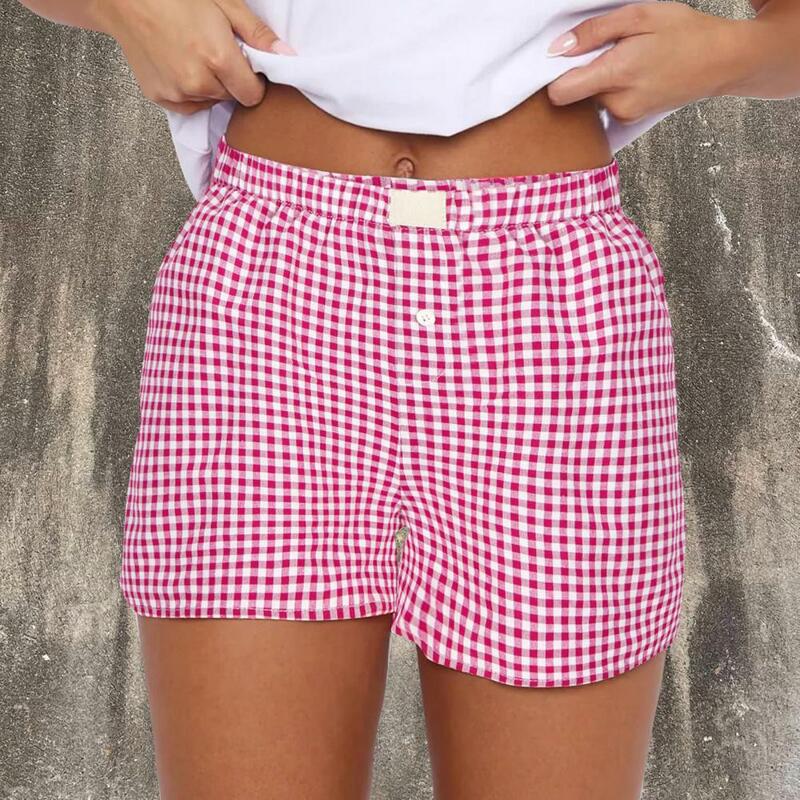 Elastic Waistband Shorts Plaid Print High-waisted Women's Shorts Casual Streetwear Sleepwear Options for Comfort Style Above