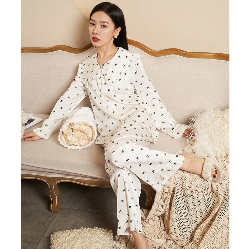 Pijama de seda de hielo con cuello de volantes para mujer, ropa de dormir de manga larga con lazo pequeño, novedad