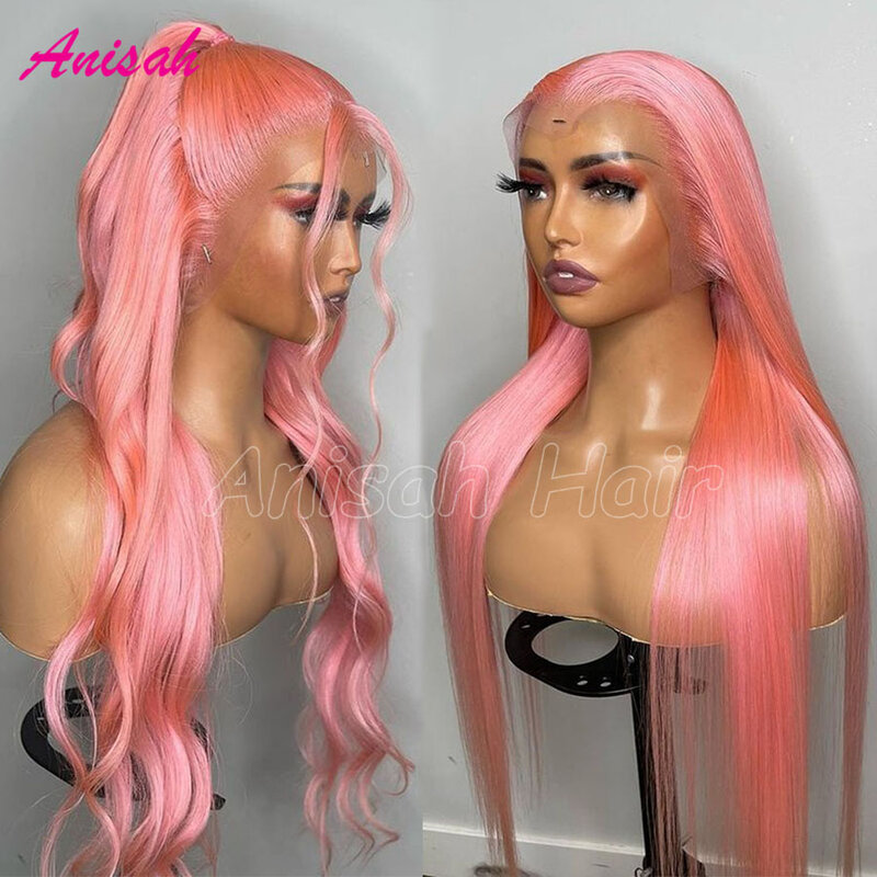 Bezklejowe różowa koronka peruki z przodu z ludzkimi włosami i falą na ciele dla kobiet 13x4 13x6 Hd przezroczysta peruka w kolorze różowym