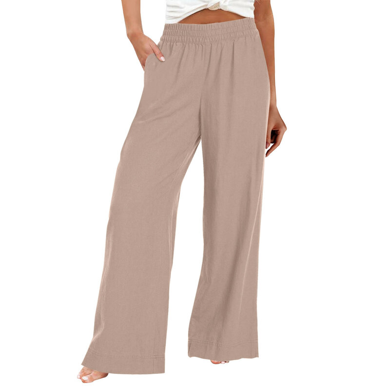 Cotton And Linen Trousers Summer Casual High-Waisted Loose Wide-Legged Trousers With Pockets Daily Commute Comfortable Pants