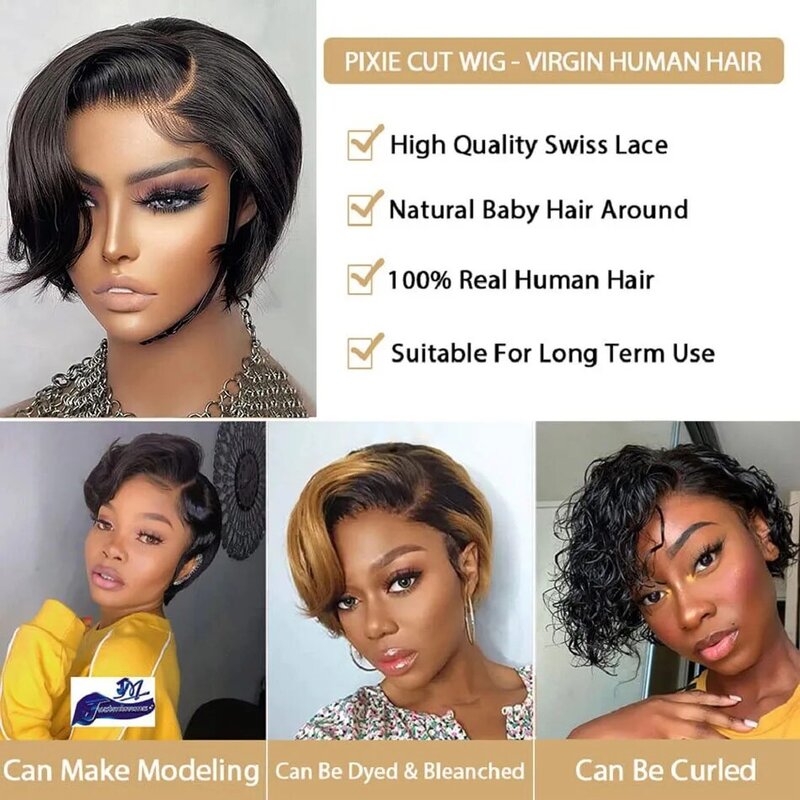 Peruca curta de cabelo humano para mulheres, frente de renda, Pixie Cut Wigs, HD Lace, 13x1