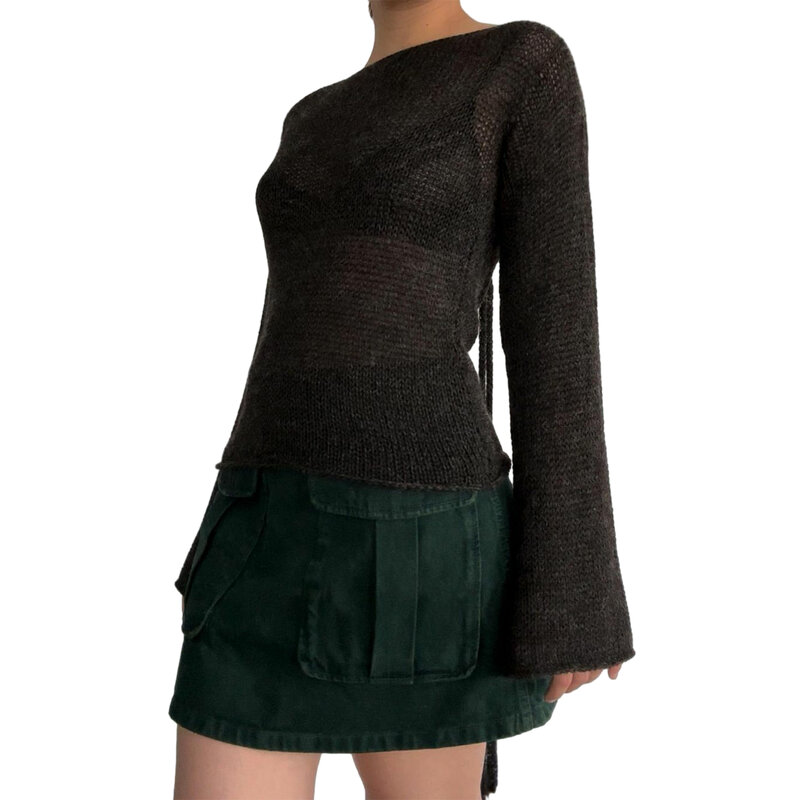 Modny damski t-shirt z tyłu swetry z długim rękawem i dekoltem w jednolitym kolorze dzianinowy sweter casualowe bluzki Streetwear Y2k letnie koszulki