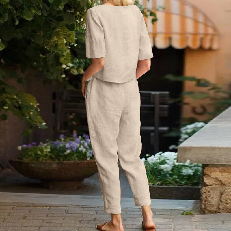 Terno feminino com gola em o meia manga, camisa e calça pulôver, algodão e linho, roupa de verão, conjunto de 2 peças, 2024
