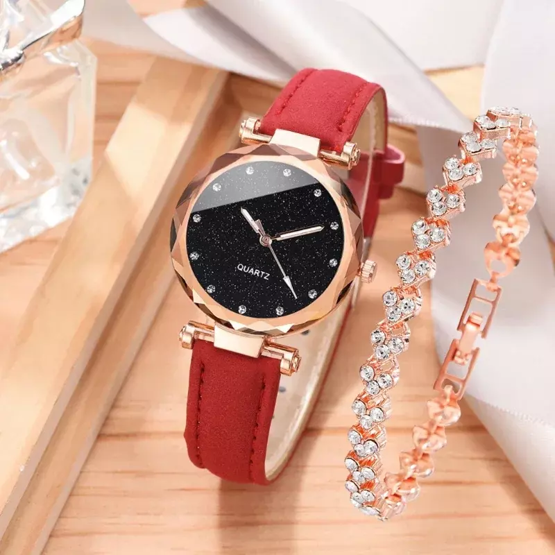 2 buah mode mewah jam tangan wanita Set tali kulit PU jam tangan wanita kuarsa berlian imitasi RoseGold gelang Aloi untuk hadiah wanita