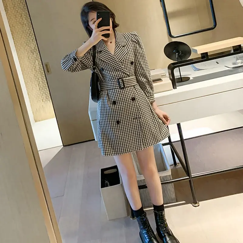 Women Fashion Sashes Plaid Suit Jacket Autumn 2022 New Puff Sleeve Button Blazer Woman Double Breasted Long Outwear Femme OL