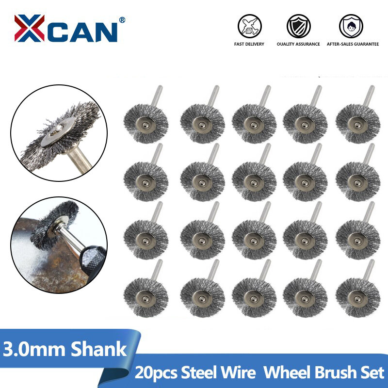 XCAN-herramienta abrasiva de acero inoxidable, Juego de cepillos de rueda de alambre, 20 piezas, vástago de 3,0mm, cepillo de pulido para herramientas rotativas Dremel