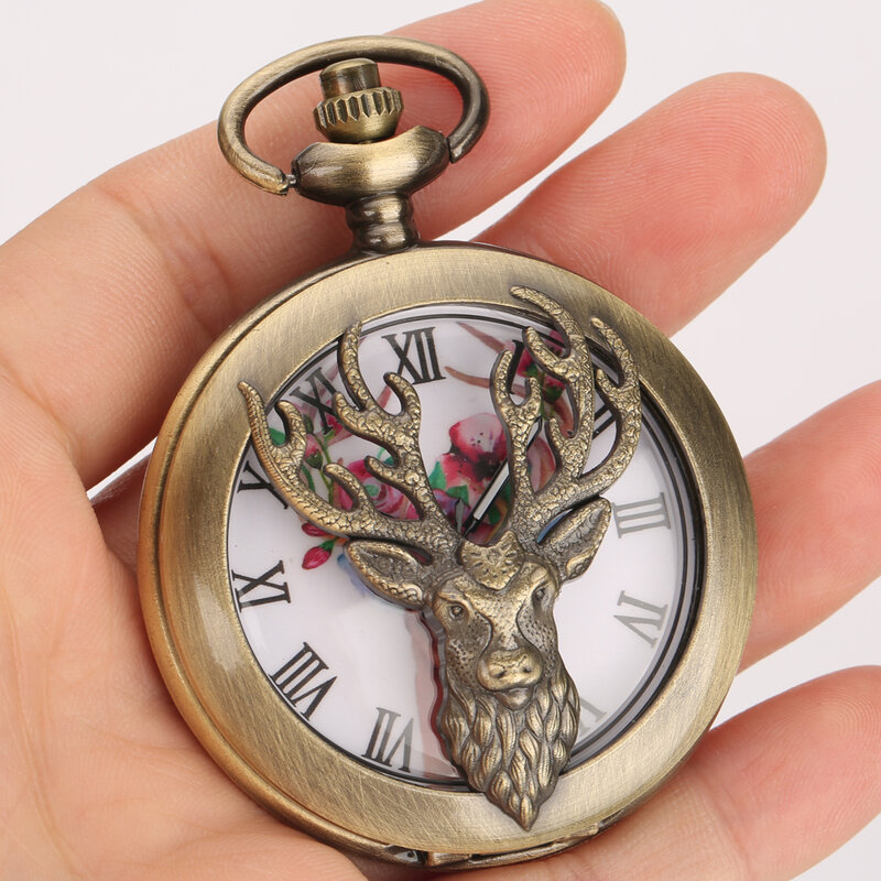 Часы кварцевые в стиле ретро, бронзовые карманные Ретро-часы с подвеской в виде головы лося, полый корпус, Сика, олень, цветы, рога, дизайн циферблата, антикварные