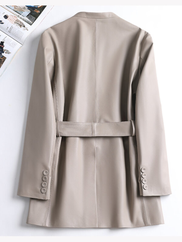 Женская кожаная куртка с поясом, демисезонное пальто из натуральной овечьей кожи с V-образным вырезом, 2023