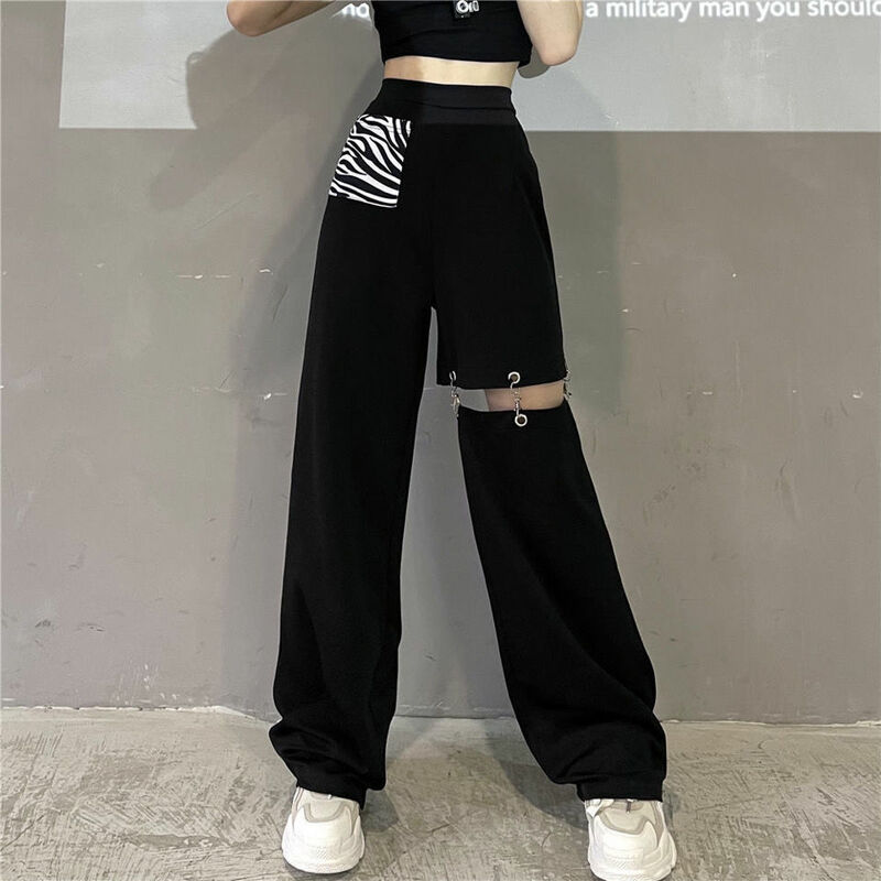 Pants Women Chain Hollow Out Zebra Pattern Stitching S-3XL Harajuku Stylish High Street Designed Tailored Trousers Hip-hop Baggy