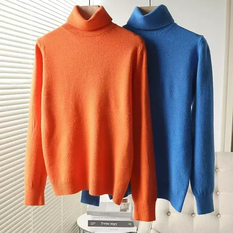 Damska jesienna 2023 modna dwukolorowa luźna długi sweter z dzianiny Retro z wysokim dekoltem w elegancki Top z długimi rękawami.