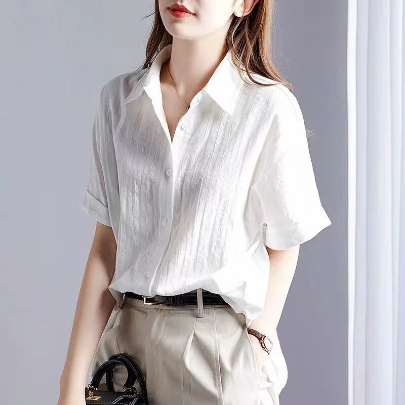 Blusa blanca de algodón para mujer, camisa de manga larga, cárdigan de rayas sueltas coreanas, abrigo informal, Tops finos que combinan con todo, 2024