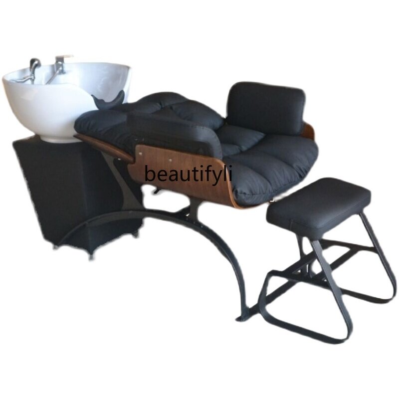 Kursi sampo kelas tinggi Salon rambut khusus Stainless Steel setengah tempat tidur Salon berbaring keramik baskom dalam Salon boks rambut