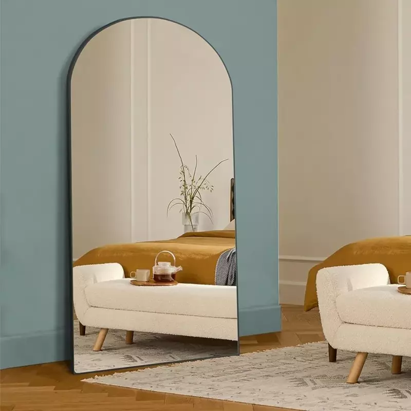 Espelho de chão de comprimento total, moldura de madeira preta, arco espelho para sala de estar e banheiro, design moderno