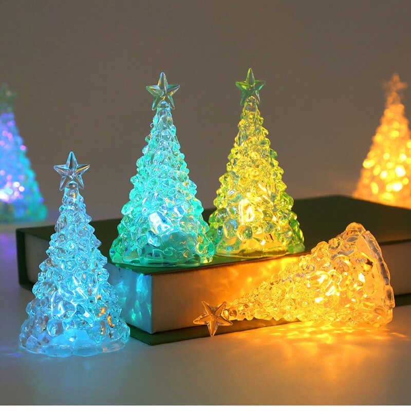 Transparente Natal Árvore Cristal Lâmpada, colorido LED Night Light, atmosfera luminosa, Xmas Eve Candle Lights