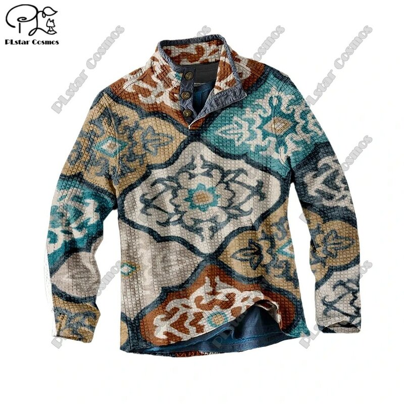 PLstar Cosmos new 3D printing tribal retro pattern series warm stand collar sweater Polo street casual unisex winter Polo L-4