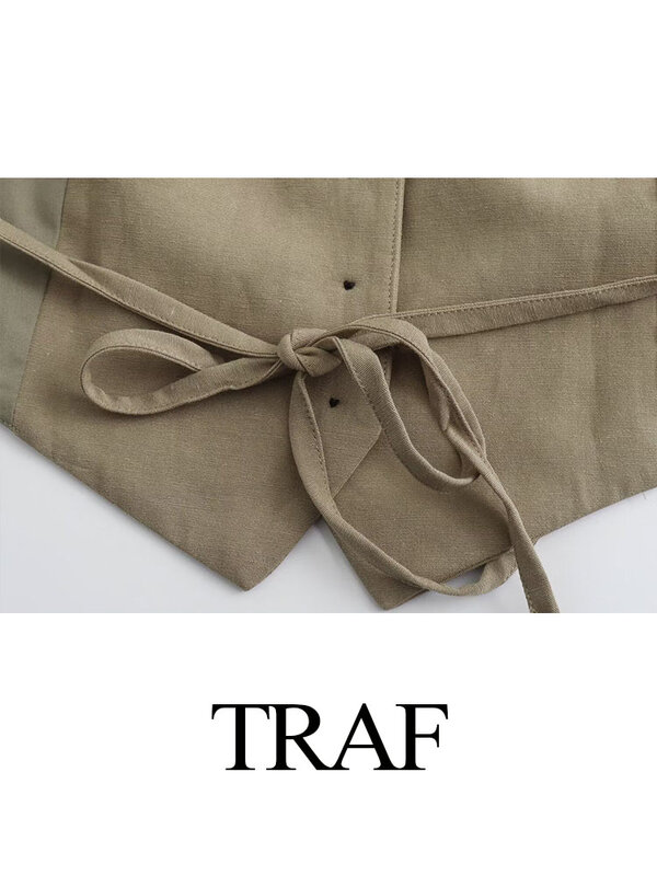 TRAF-بلا أكمام صدرية واحدة الصدر الدانتيل متابعة للنساء ، الشارع الشهير الإناث ، قمم نمط أحادية اللون ، طوق مطوية لأسفل ، أزياء الصيف