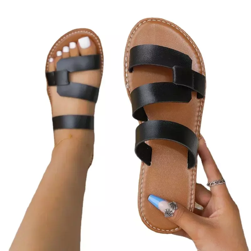 Летние однотонные сандалии на плоской подошве, популярные уличные тапочки с открытым носком, Пляжная женская обувь, сланцы, 2024
