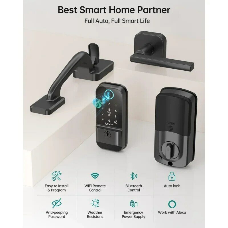 WiFi front door lock set: Smart Fingerprint keyless entry keypad by lock with handle digital electronic deadbolt Bluetooth Ale