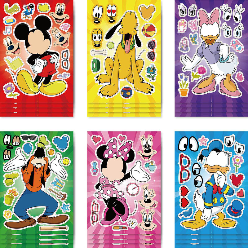 Disney-Faça um Face Puzzle Adesivos, Mickey Mouse, Pato Donald, Crianças Montam Jigsaw Toys, Jogo Engraçado Infantil, Presente de Festa, 6 Folhas, 12 Folhas