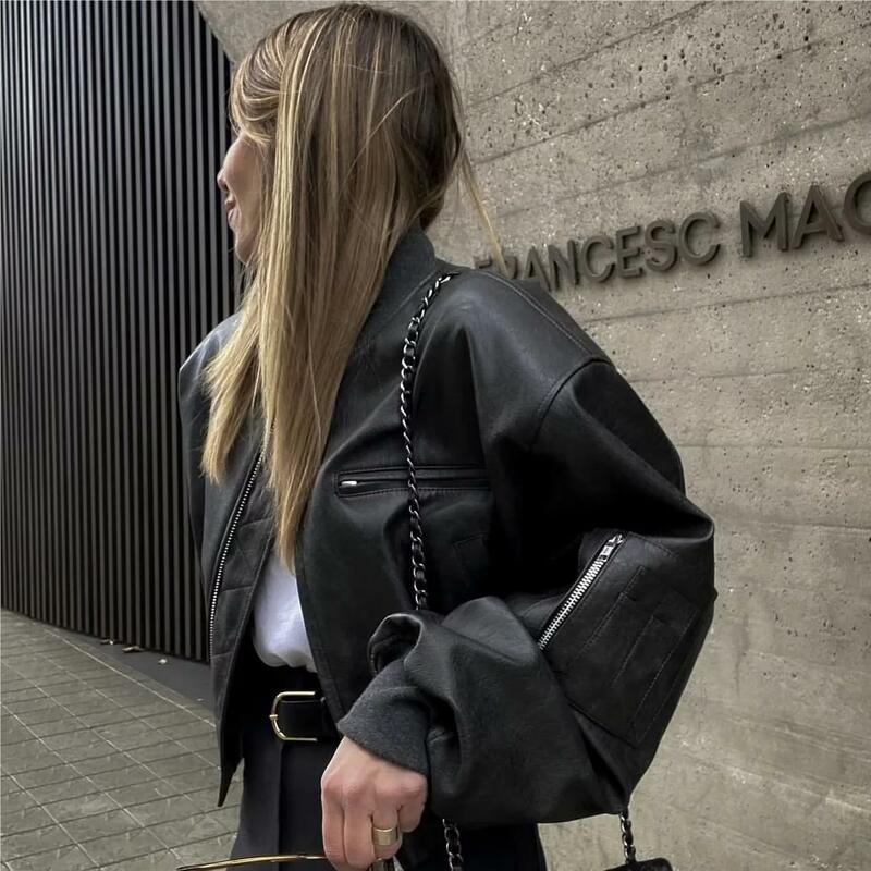 Черная куртка из искусственной кожи, женская зимняя куртка-бомбер, женские Куртки из искусственной кожи, винтажная одежда, байкерская куртка на молнии, весна 2023