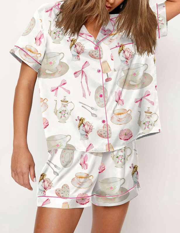 Атласная пижама Y2k с бантом и ботинками, короткий комплект для сна на День святого Валентина, атласная Шелковая пижама, домашняя одежда для женщин