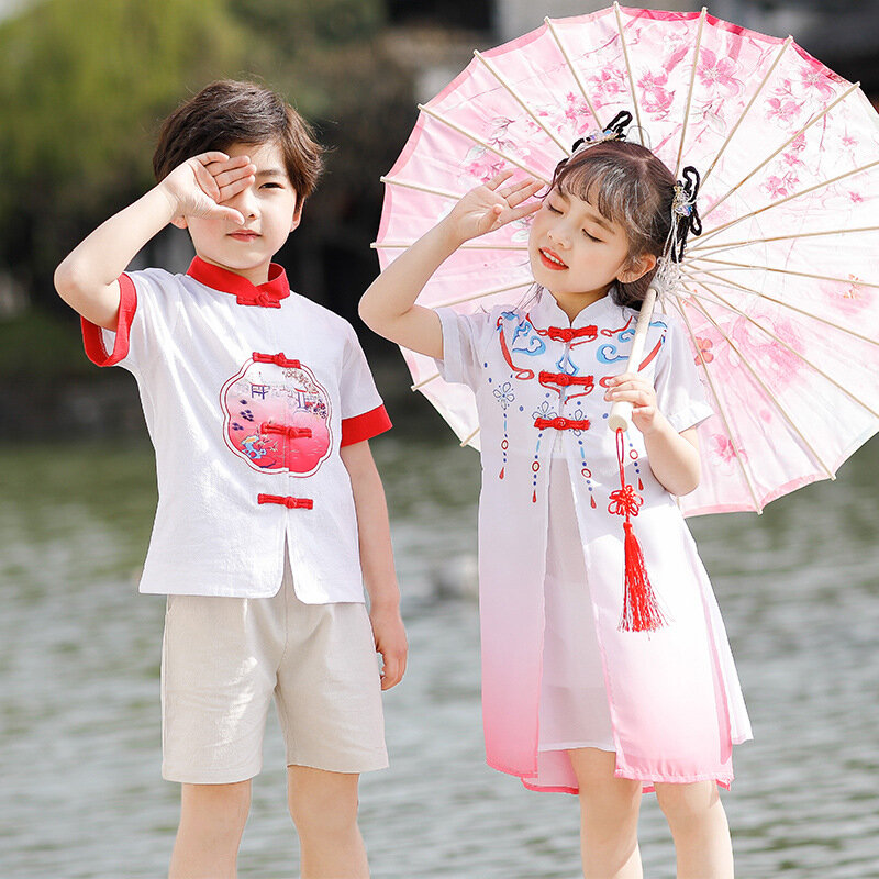 Boy And Girl Summer Chinese Style Retro Flower Printing Hanfu Children Oriental Traditional Suit Performance Role Play Dress