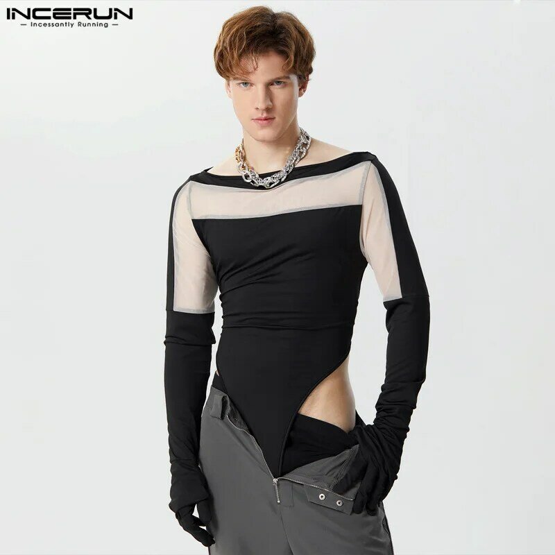 INCERUN seksowny styl home wear męskie pajacyki patchworkowe przeszyte siateczkowe body modne kombinezony z długimi rękawami S-3XL