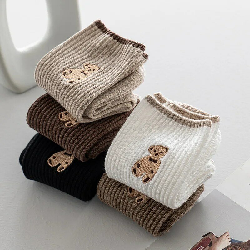 Calcetines con estampado de oso y Animal para mujer y niña, medias suaves de Color liso, a la moda, 1 par