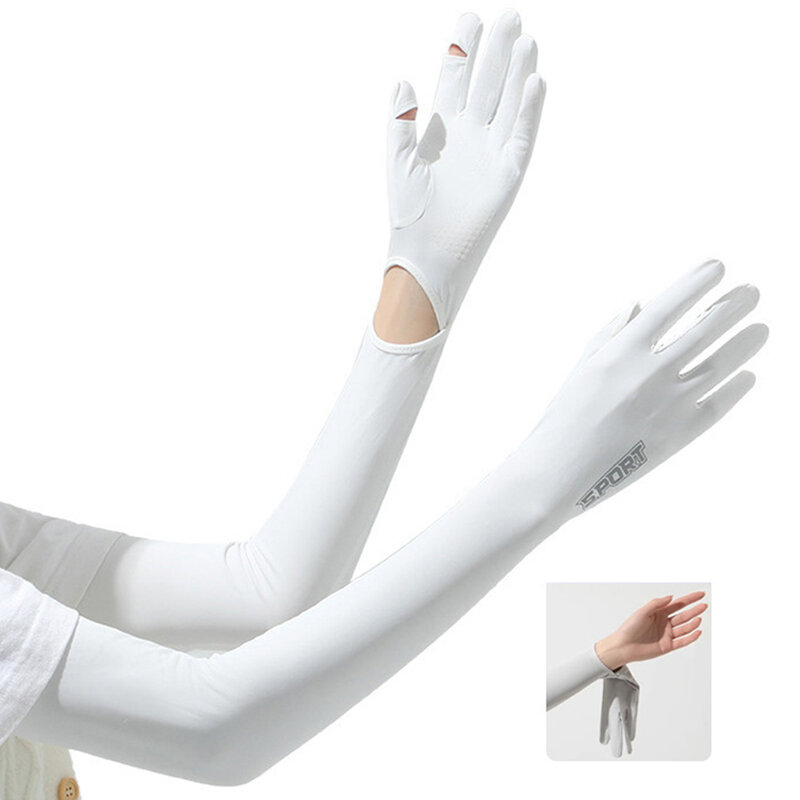 Protezione solare estiva in seta di ghiaccio da donna protezione UV guanti lunghi a conchiglia elasticità guanti da guida all'aperto regolabili ad asciugatura rapida
