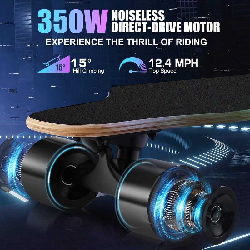 Skateboard elettrico da 350W con telecomando, velocità massima di 12.4 Mph e gamma di 8 miglia, Longboard elettrico per adulti e adolescenti